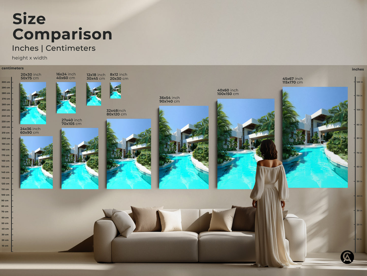 Compare sizes with our modern villa art size comparison. See how the artwork fits in different spaces. Choose from canvas or poster prints. This tropical architecture print features a turquoise pool and palm trees. Perfect for adding luxury and style to your decor.