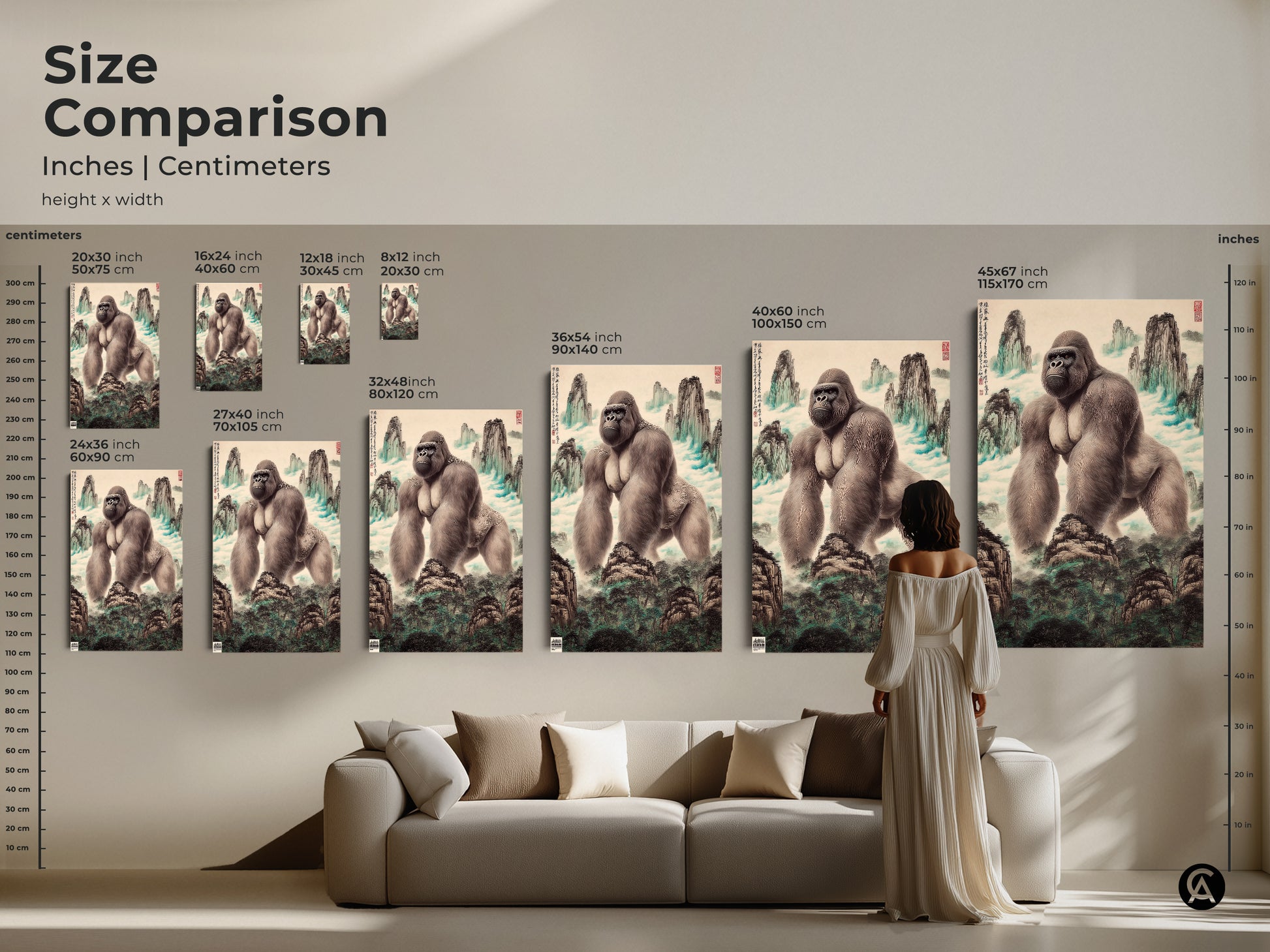 Size comparison of Chinese gorilla landscape art in inches and centimeters. See how each canvas or poster print fits various spaces. Perfect as animal art for office spaces eclectic home decor and gallery walls. Find the ideal wildlife wall decor to make a statement. Discover unique nature inspired art for your home.