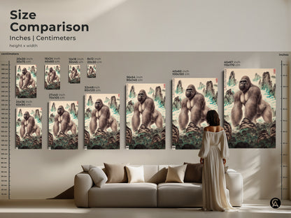 Size comparison of Chinese gorilla landscape art in inches and centimeters. See how each canvas or poster print fits various spaces. Perfect as animal art for office spaces eclectic home decor and gallery walls. Find the ideal wildlife wall decor to make a statement. Discover unique nature inspired art for your home.