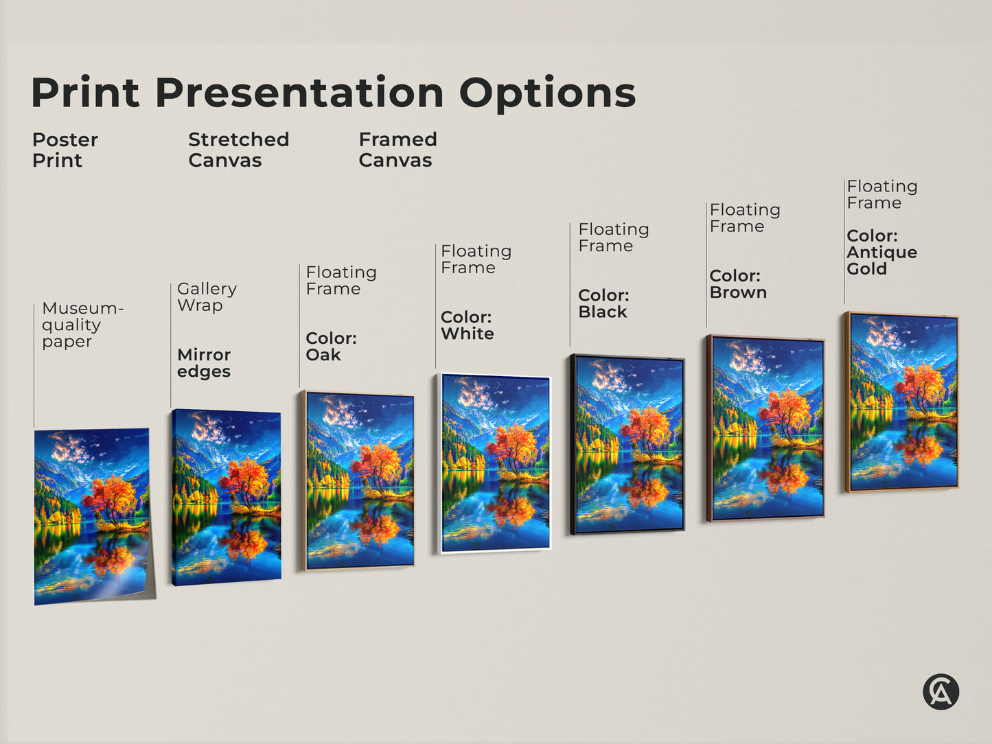 Explore our print presentation options. Choose from poster prints stretched canvas and framed canvas. Each option showcases a stunning autumn landscape with a vibrant orange tree reflected in a serene lake. Find the perfect artwork to elevate your home decor. Shop now and transform your space.