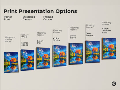 Explore our print presentation options. Choose from poster prints stretched canvas and framed canvas. Each option showcases a stunning autumn landscape with a vibrant orange tree reflected in a serene lake. Find the perfect artwork to elevate your home decor. Shop now and transform your space.