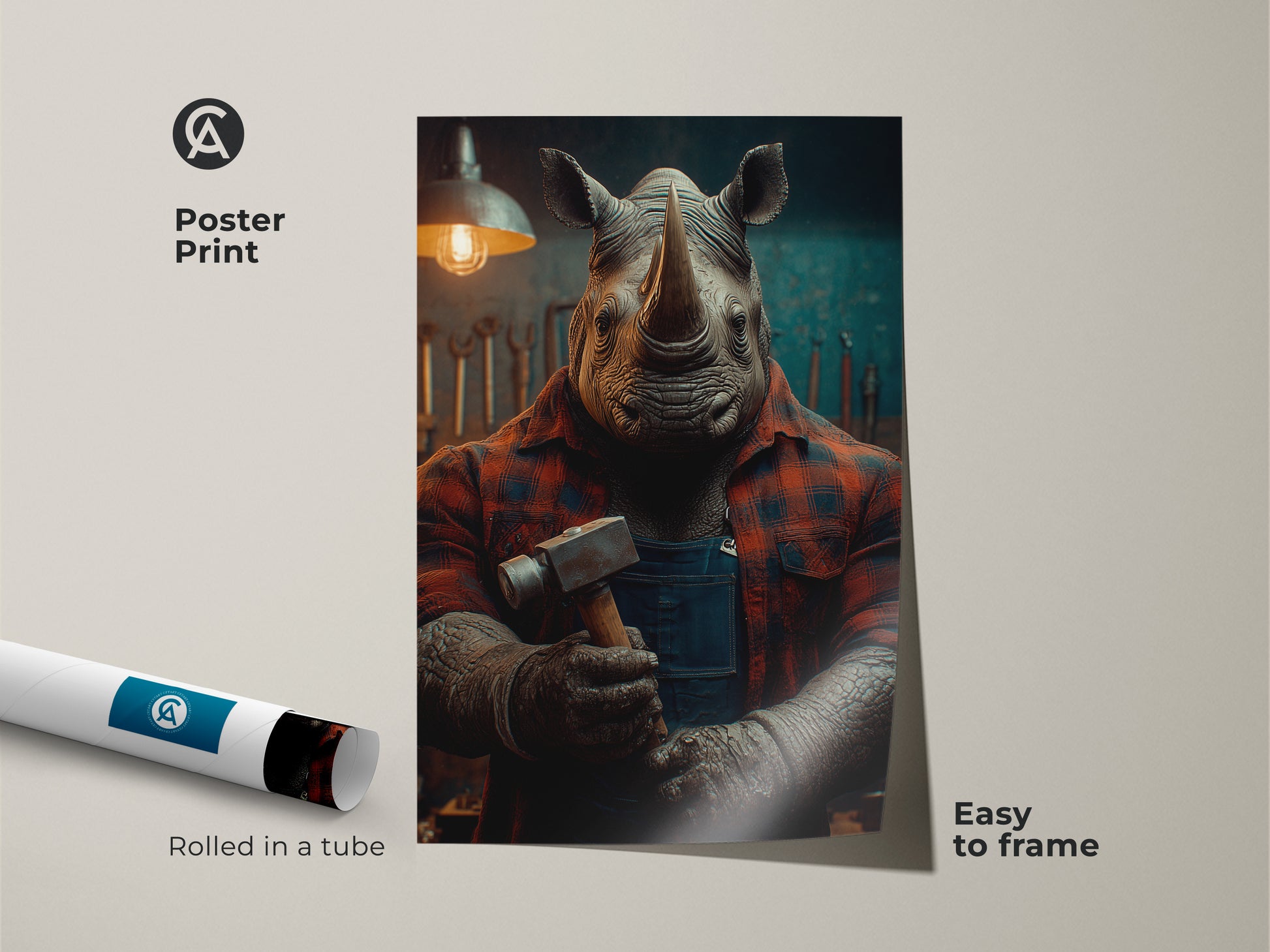 Rhino mechanic canvas wall art in a black floating frame. Ready to hang this artwork brings surrealism to your garage. The rhino wears a red plaid shirt and blue overalls. It is perfect for a man cave or home office. This industrial style print is a unique animal canvas.