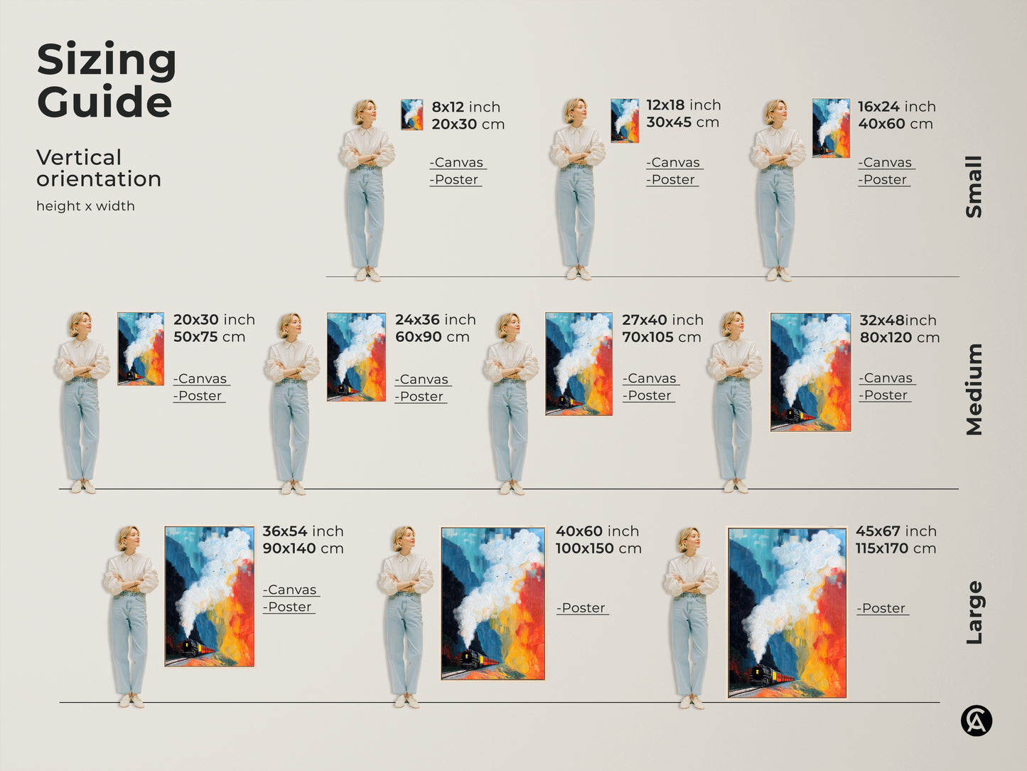 Sizing guide for the vertical abstract mountain train art. Available as canvas or poster. Small sizes include 8x12 12x18 and 16x24 inch prints. Medium sizes range from 20x30 to 32x48 inches. Large options up to 45x67 inches.