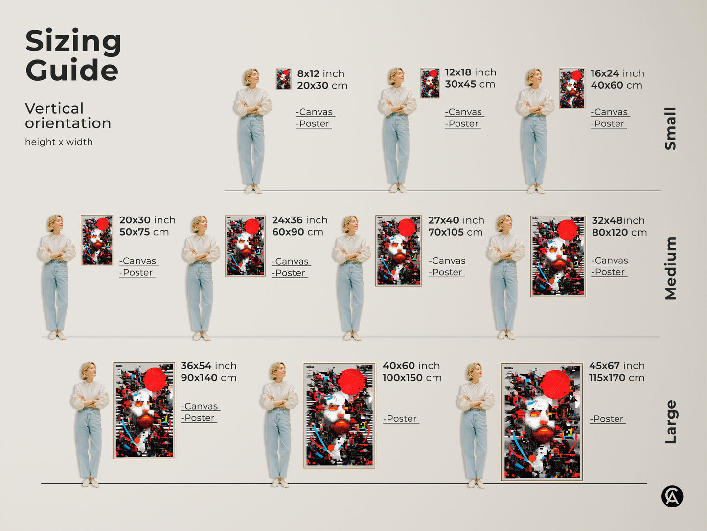 Sizing guide for the abstract man portrait art. Vertical orientation with various height and width options. Available as canvas or poster in small medium and large sizes. Ideal modern office decor or art collector birthday present.