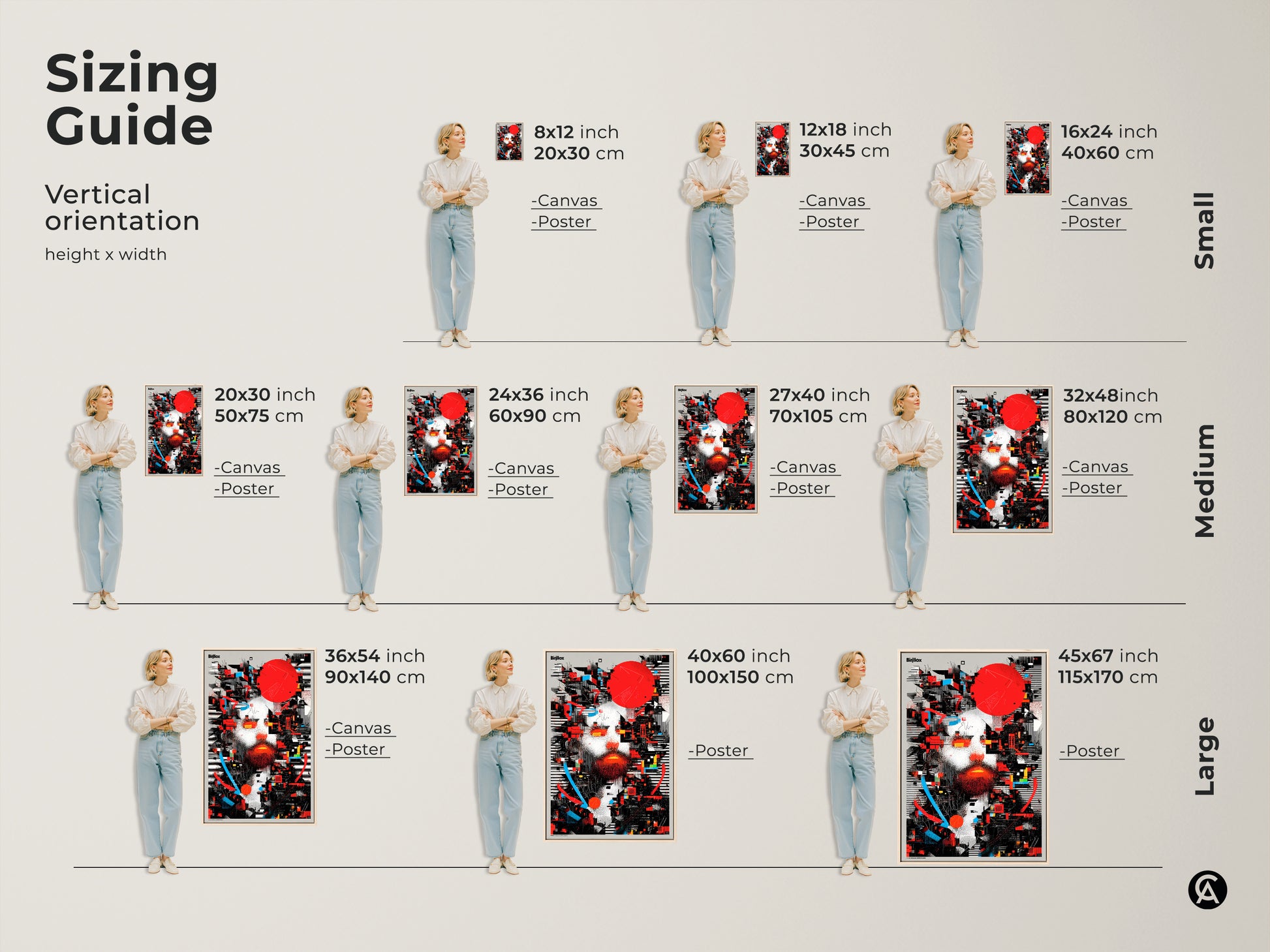 Sizing guide for the abstract man portrait art. Vertical orientation with various height and width options. Available as canvas or poster in small medium and large sizes. Ideal modern office decor or art collector birthday present.