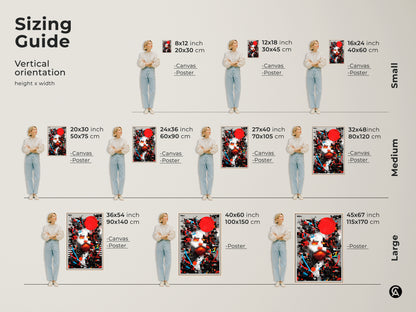 Sizing guide for the abstract man portrait art. Vertical orientation with various height and width options. Available as canvas or poster in small medium and large sizes. Ideal modern office decor or art collector birthday present.