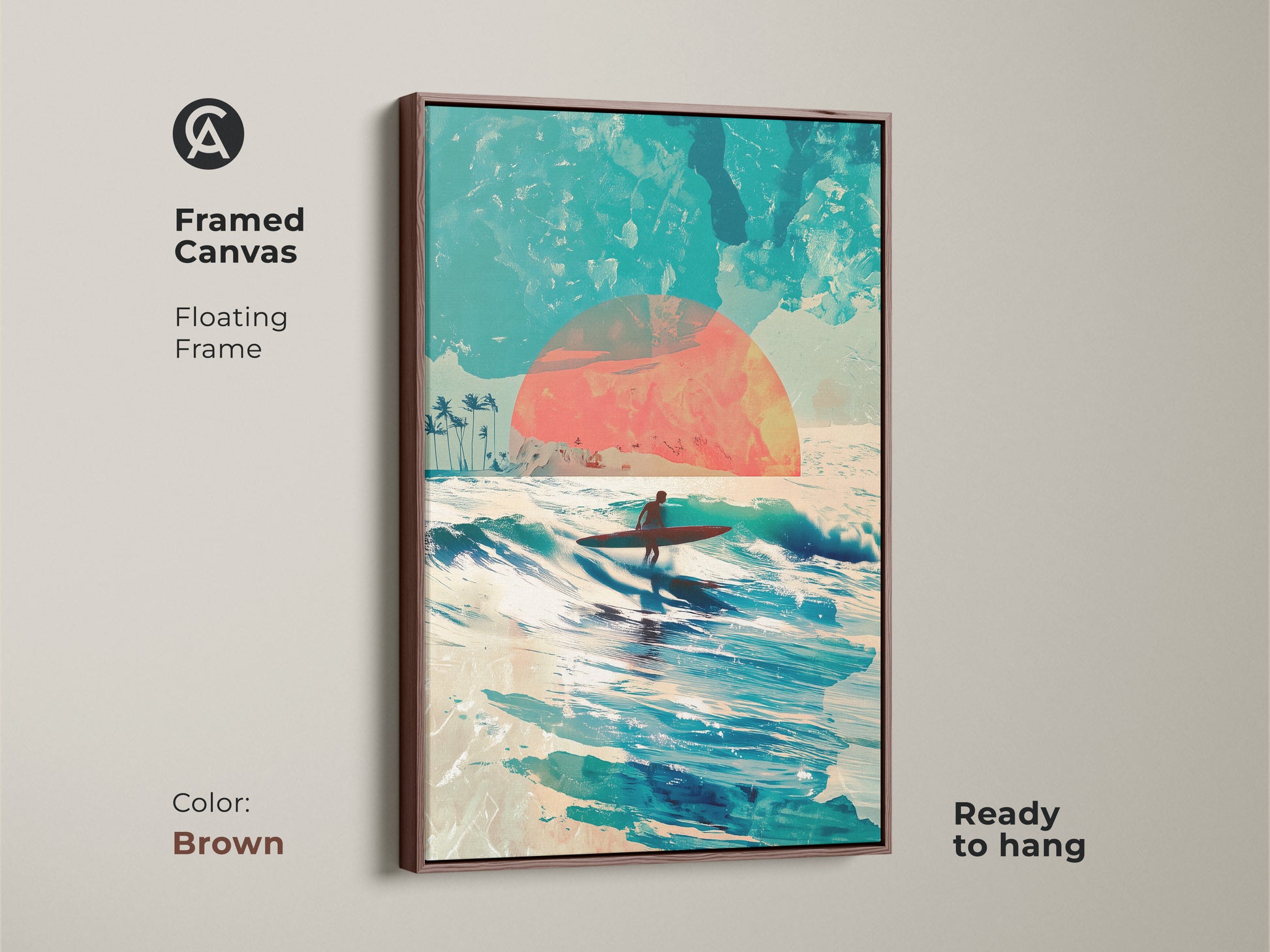 Framed canvas art in a brown floating frame. This surfer artwork captures the beauty of the ocean at sunset. The canvas is ready to hang. The brown frame complements the colors in this beach themed artwork.