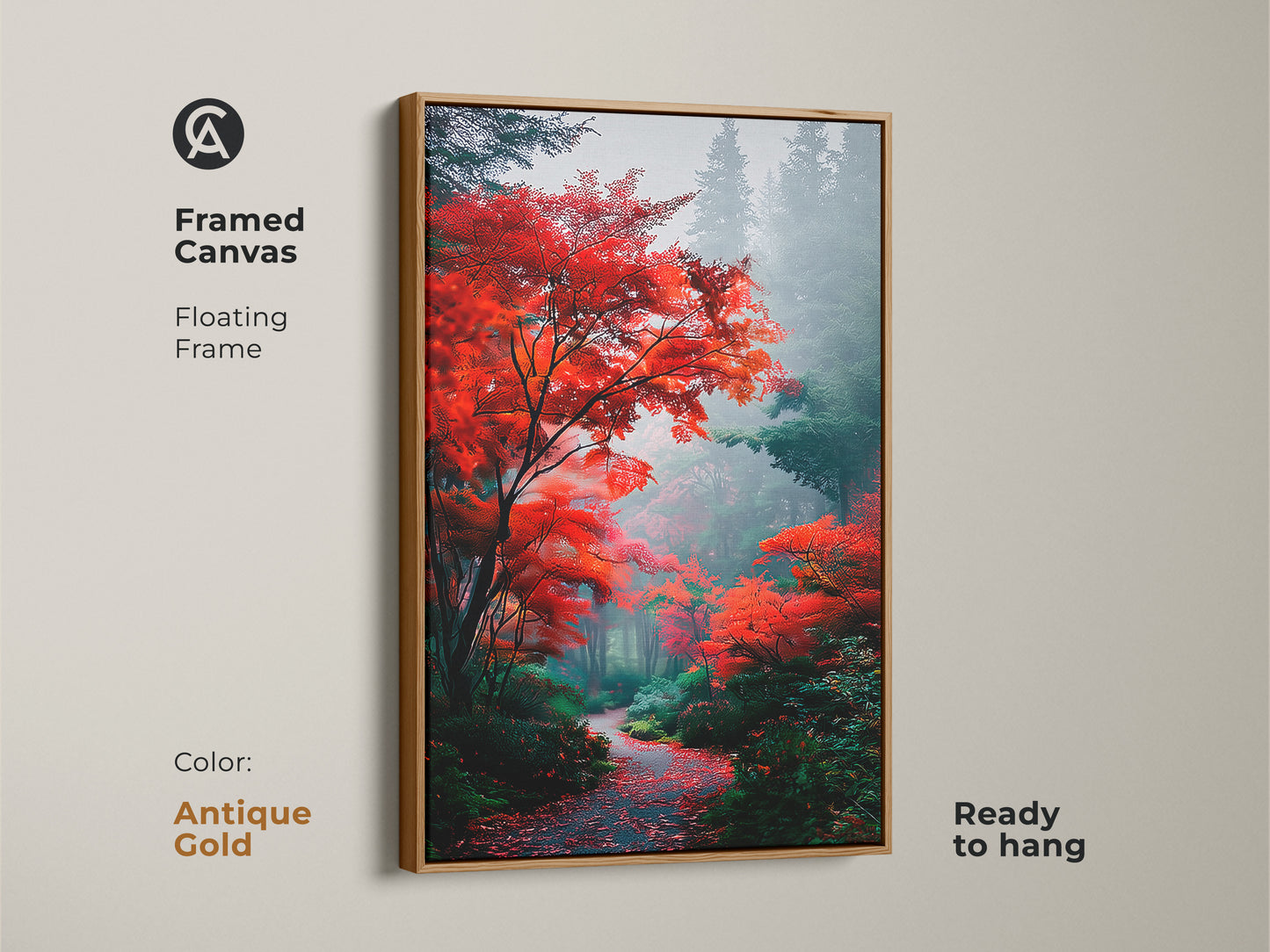 A framed canvas print in an antique gold floating frame shows a beautiful autumn forest. Red leaves and a misty path are featured in the artwork. This ready-to-hang piece adds elegance to your wall decor. The gold frame enhances the artwork.