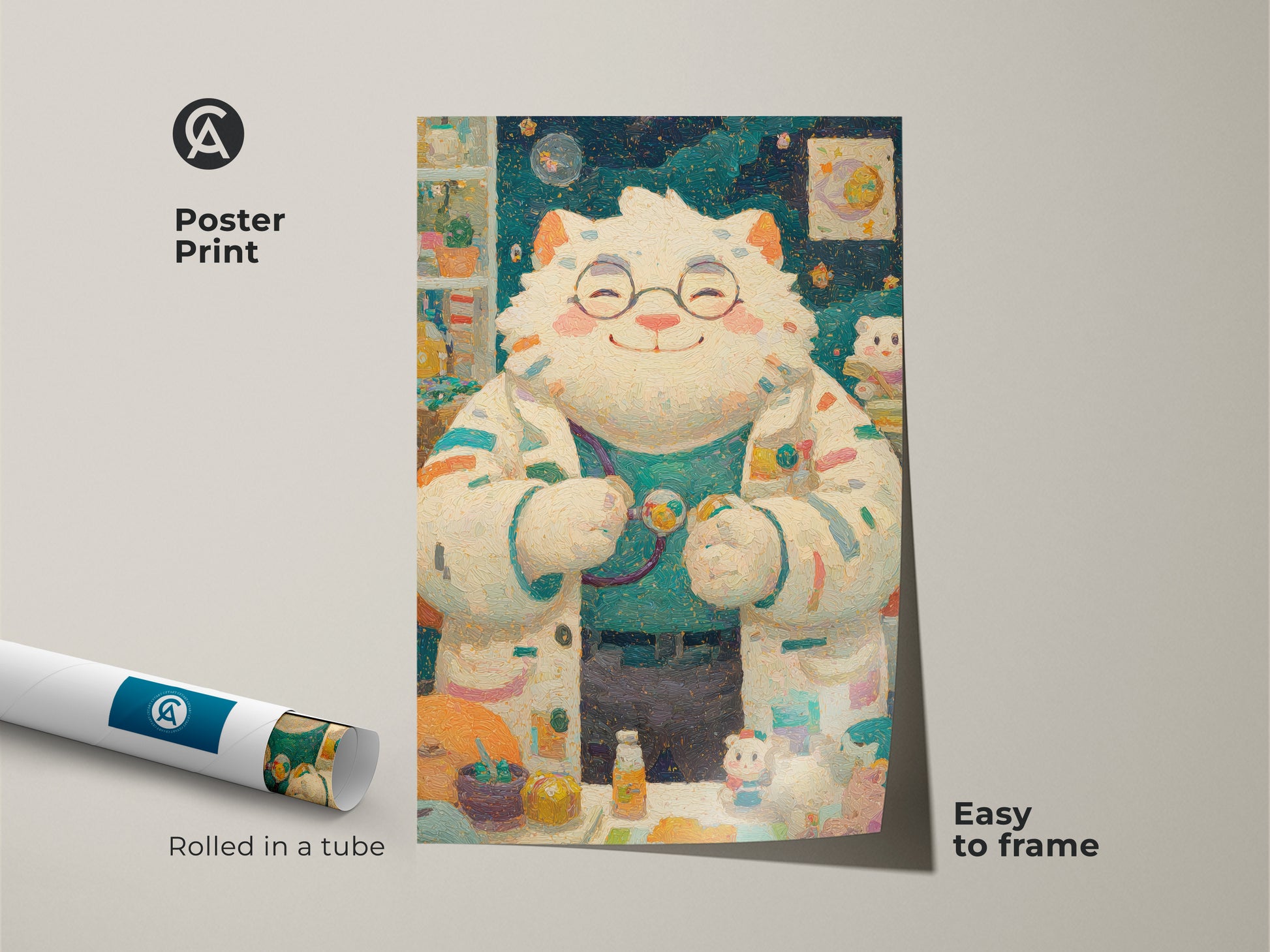 Poster print showcasing a delightful cat doctor artwork. The feline figure wears glasses and a lab coat. This easy to frame art print is rolled in a tube. Add a touch of whimsy to your decor with this charming piece.