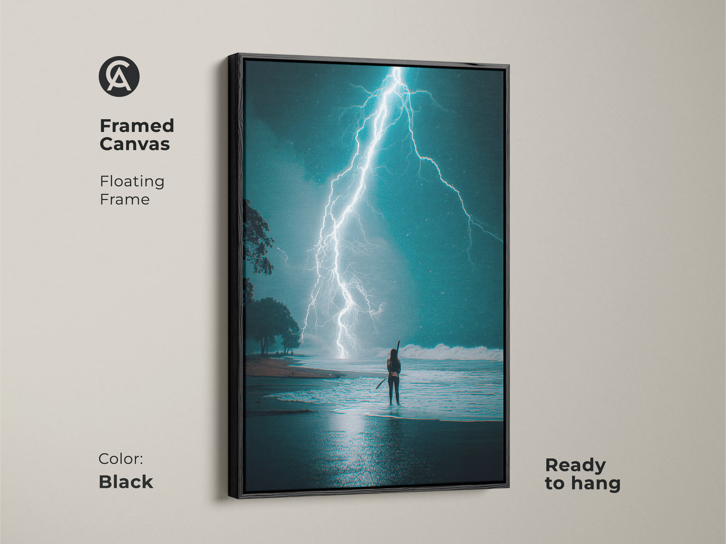 Framed canvas of a dramatic beach storm featuring an electric blue lightning strike. The floating black frame enhances this surreal nature wall decor. Deep teal ocean waves and a lone figure create a captivating scene. Ready to hang for an instant artistic impact in your space.