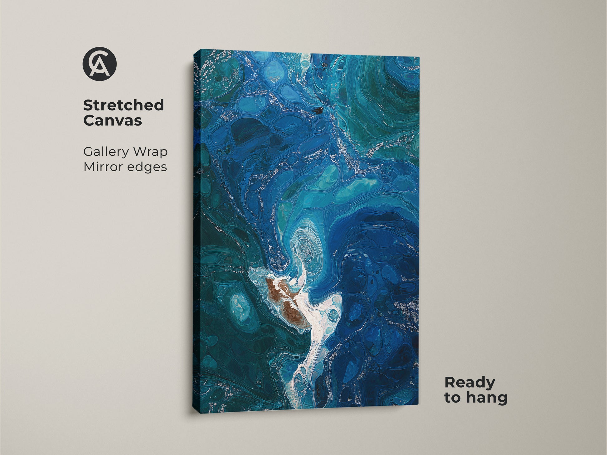 Stretched canvas print showcasing deep blue teal fluid art. The abstract ocean swirls offer a contemporary coastal aesthetic. Ready to hang with gallery wrap and mirrored edges. This is an ideal modern abstract bedroom decor or a unique fluid art gift.