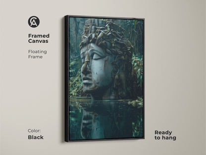 Black framed canvas featuring surrealist sculpture art. The mythology head wall art has deep blues grays and greens. Ready to hang dark academia canvas print with a floating frame. It's a great housewarming gift.