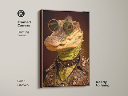 A framed canvas shows a rockstar alligator with sunglasses a leather jacket & studded collar. Ready to hang this framed canvas has a floating frame. This unusual wall hanging is perfect as guitar player wall decor. Color: Brown