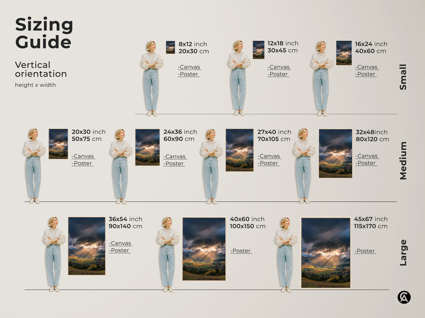 Sizing guide for vertical orientation mountain valley canvas and poster prints. Available in small medium and large sizes. Choose the perfect size for your space with this scenic village artwork.