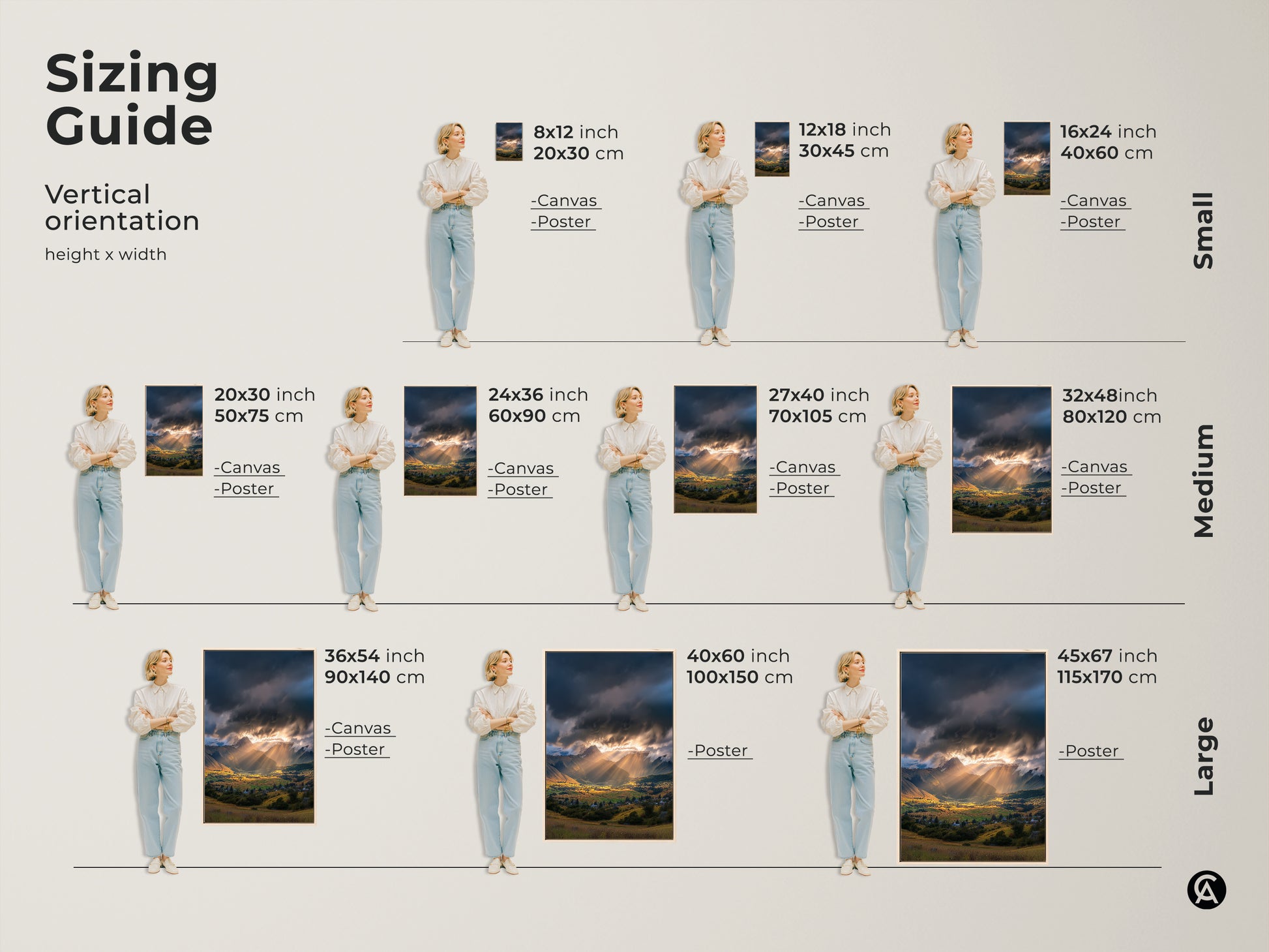 Sizing guide for vertical orientation mountain valley canvas and poster prints. Available in small medium and large sizes. Choose the perfect size for your space with this scenic village artwork.