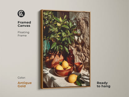 Infuse your home with the warmth of the Mediterranean through this lemon artwork. The terracotta pottery and earthy tones add rustic elegance. It is ideal as kitchen decor or a housewarming gift.
