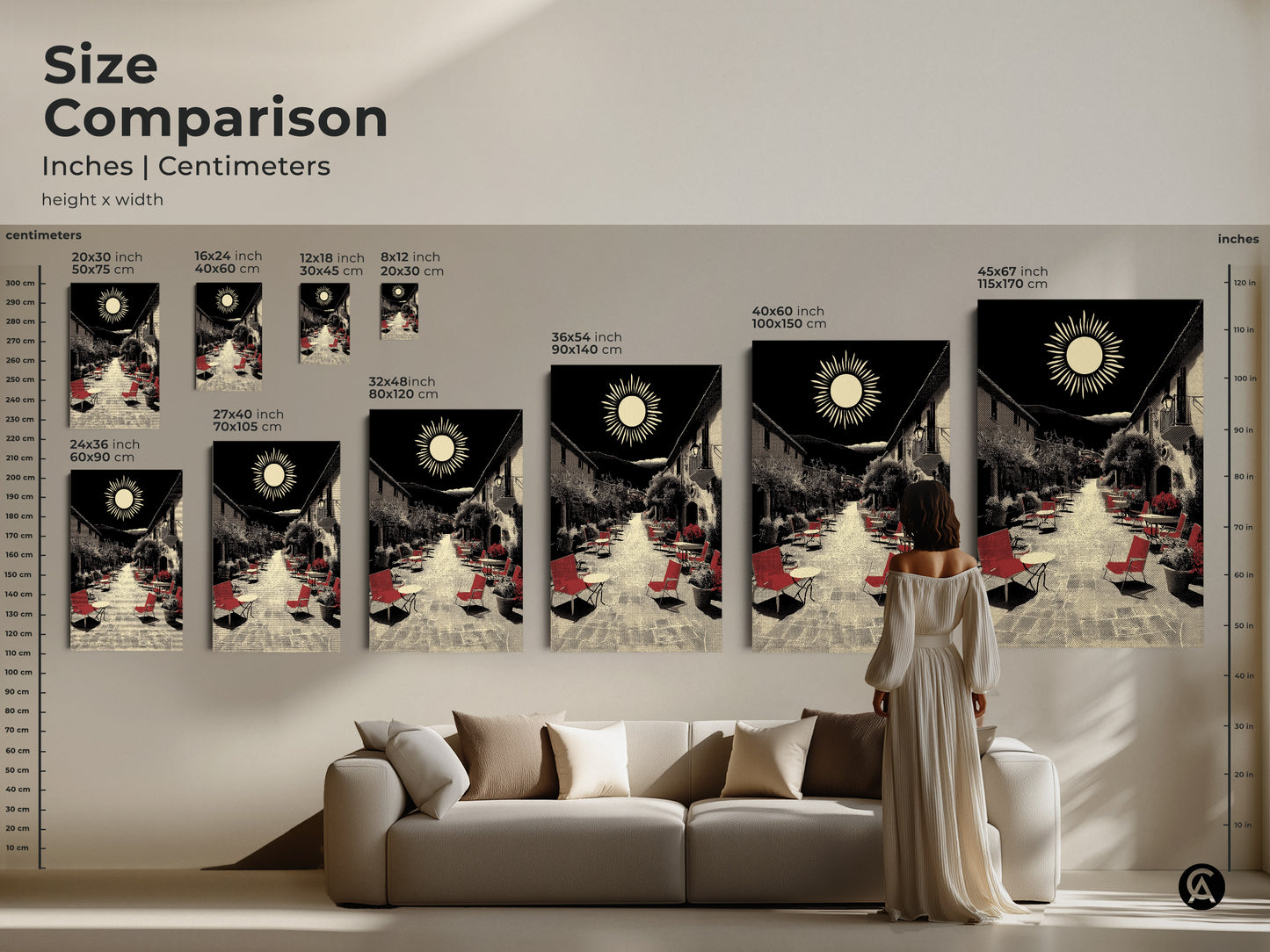This size comparison shows Mediterranean village street artwork on a wall above a sofa. Various canvas and poster sizes showcase the black red and beige wall art. See how this housewarming art for travel lovers fits in your home adding wanderlust and scenic European cafe vibes with this retro sun landscape print.
