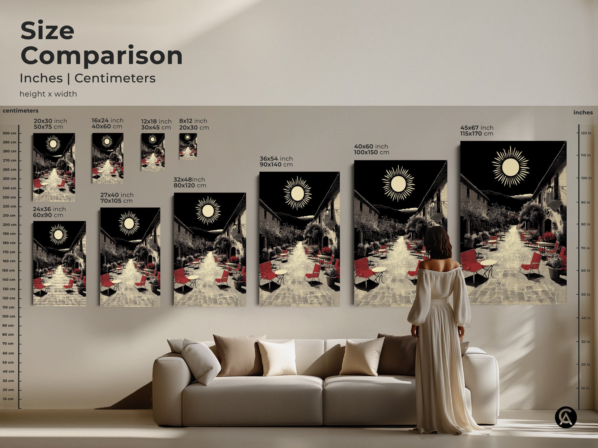 This size comparison shows Mediterranean village street artwork on a wall above a sofa. Various canvas and poster sizes showcase the black red and beige wall art. See how this housewarming art for travel lovers fits in your home adding wanderlust and scenic European cafe vibes with this retro sun landscape print.