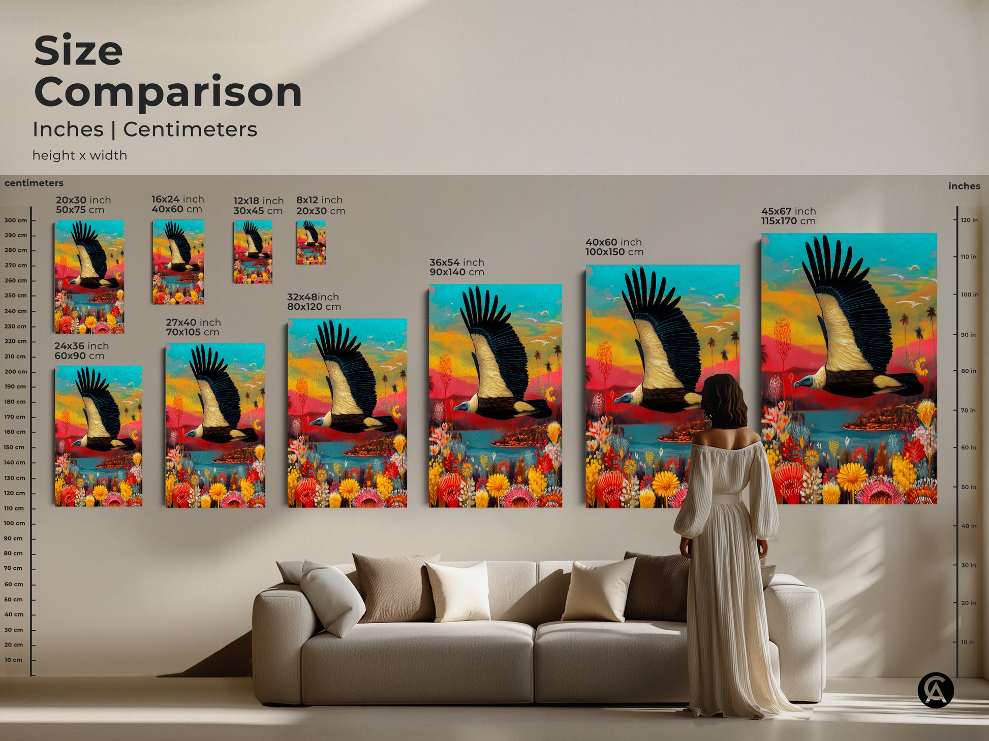 Size comparison of the colorful vulture art print. View the tropical wildlife landscape canvas in different dimensions. Artwork fits perfectly above a sofa. It is ideal for adding eclectic nature decor to your home.