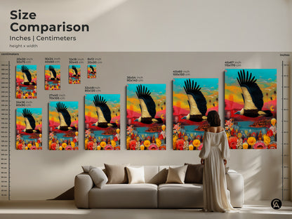 Size comparison of the colorful vulture art print. View the tropical wildlife landscape canvas in different dimensions. Artwork fits perfectly above a sofa. It is ideal for adding eclectic nature decor to your home.