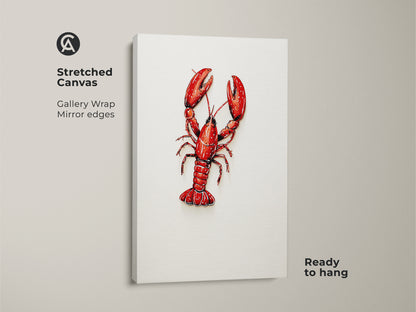 Stretched Canvas Red Lobster Artwork. Gallery wrapped with mirror edges. Ready to hang. Features a vibrant red lobster. Ideal seafood lover gift print. Enhances nautical home decor. This crimson animal artwork is striking.