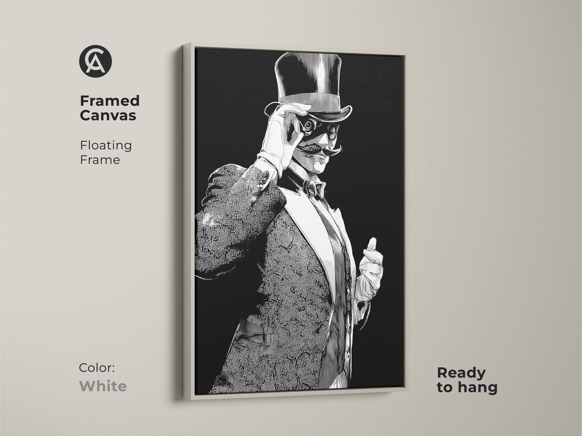 White framed canvas showcasing art deco artwork. The vintage man with a top hat displays a black and white ink drawing. This gentleman portrait offers a modern touch to any space ready to hang.