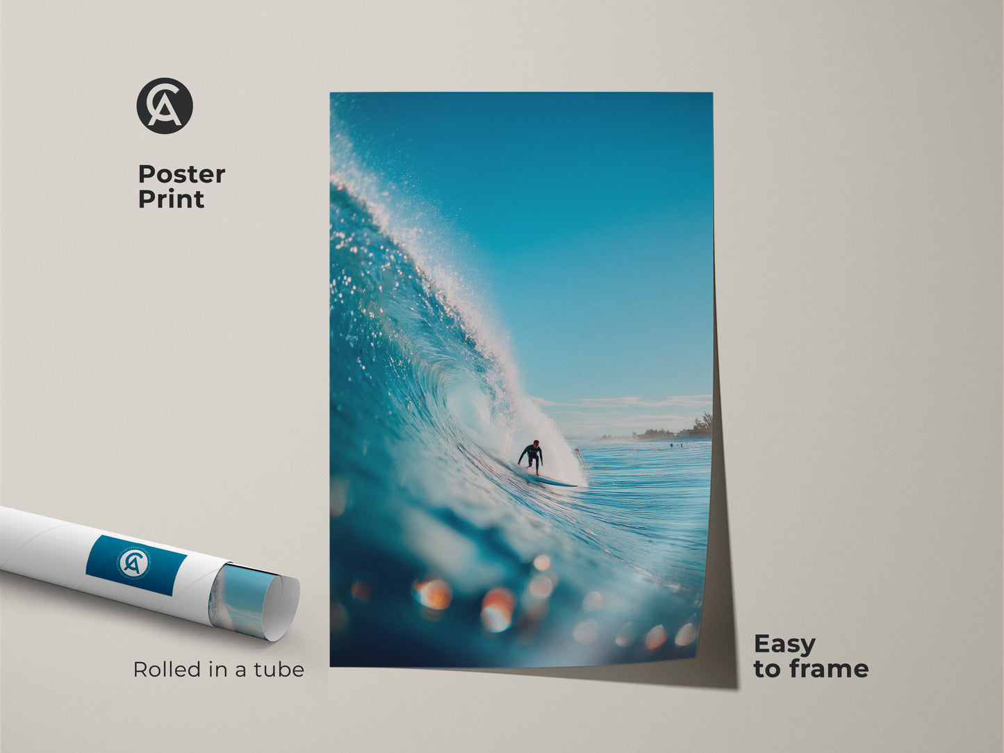 Vibrant surfing scene poster print. A surfer navigates a powerful blue wave. Rolled in a tube for easy framing. Ideal wall decor for surf enthusiasts seeking a touch of the ocean.