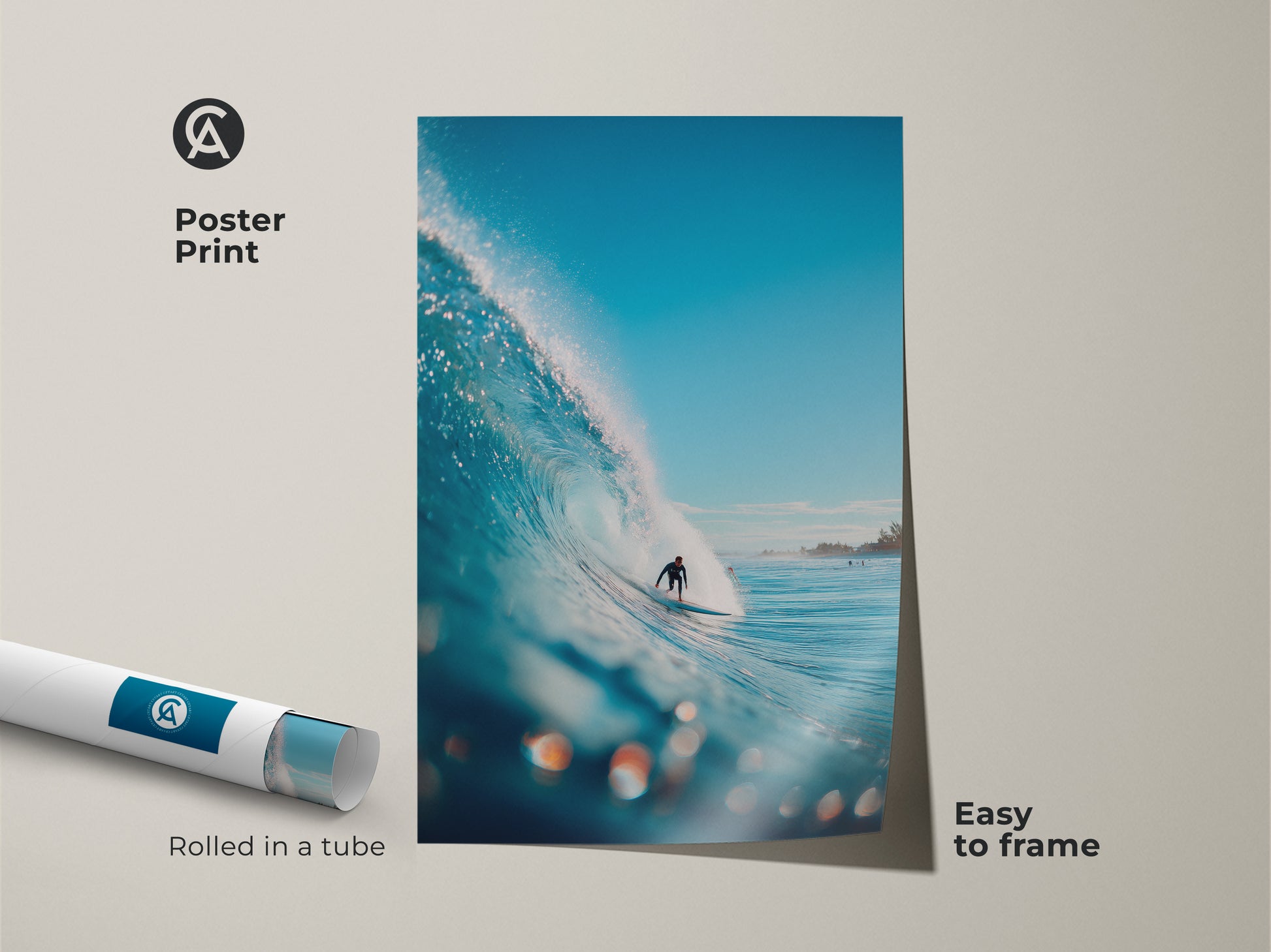 Vibrant surfing scene poster print. A surfer navigates a powerful blue wave. Rolled in a tube for easy framing. Ideal wall decor for surf enthusiasts seeking a touch of the ocean.