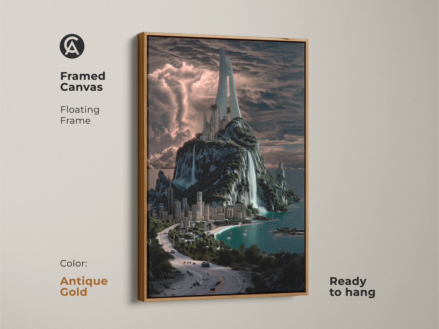 Framed canvas floating frame in antique gold. The artwork is ready to hang. This modern art features a futuristic city on a tropical island with waterfalls. Perfect wall decor.