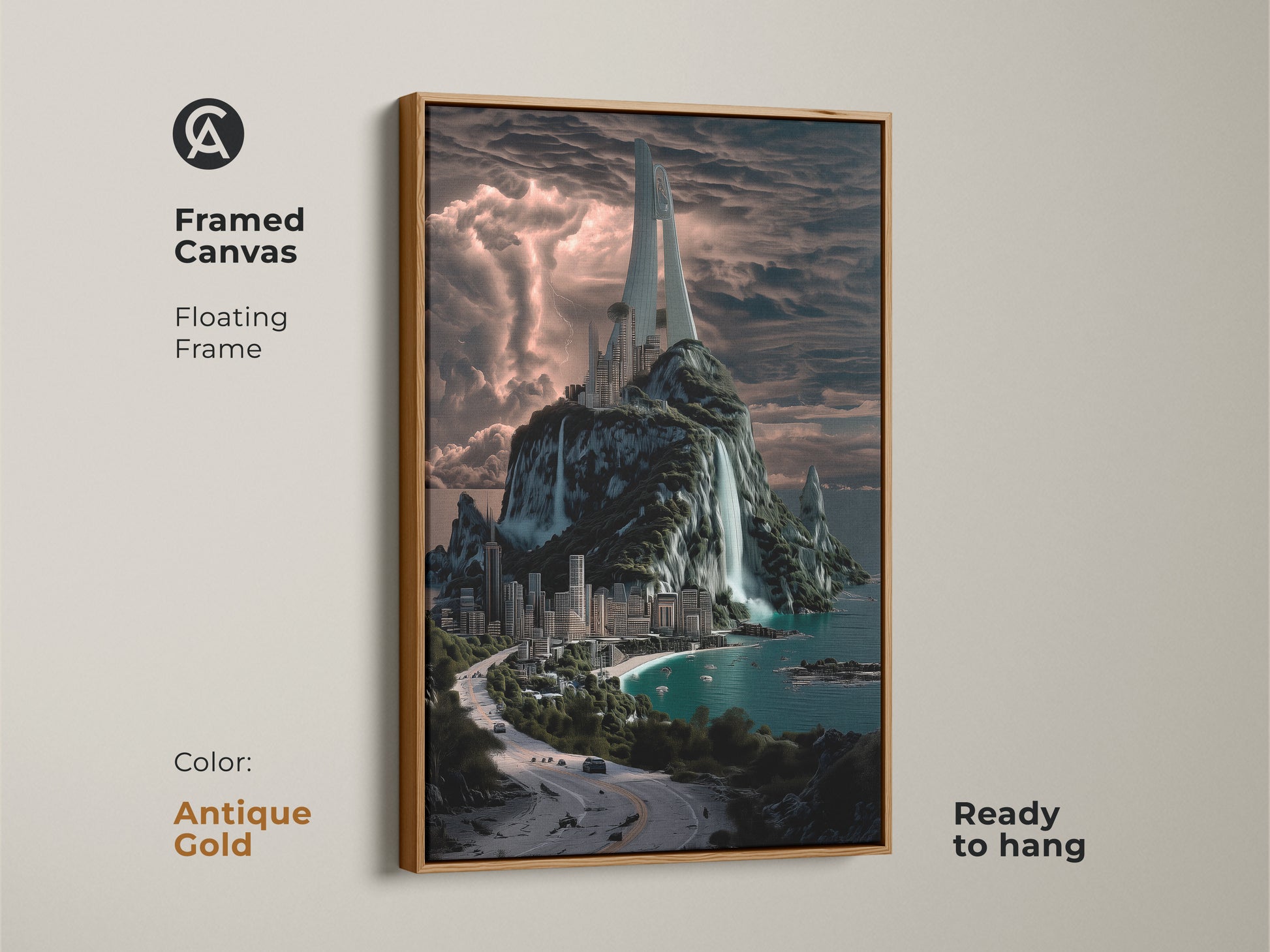 Framed canvas floating frame in antique gold. The artwork is ready to hang. This modern art features a futuristic city on a tropical island with waterfalls. Perfect wall decor.