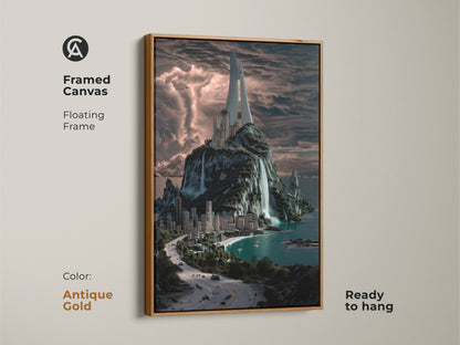Framed canvas floating frame in antique gold. The artwork is ready to hang. This modern art features a futuristic city on a tropical island with waterfalls. Perfect wall decor.