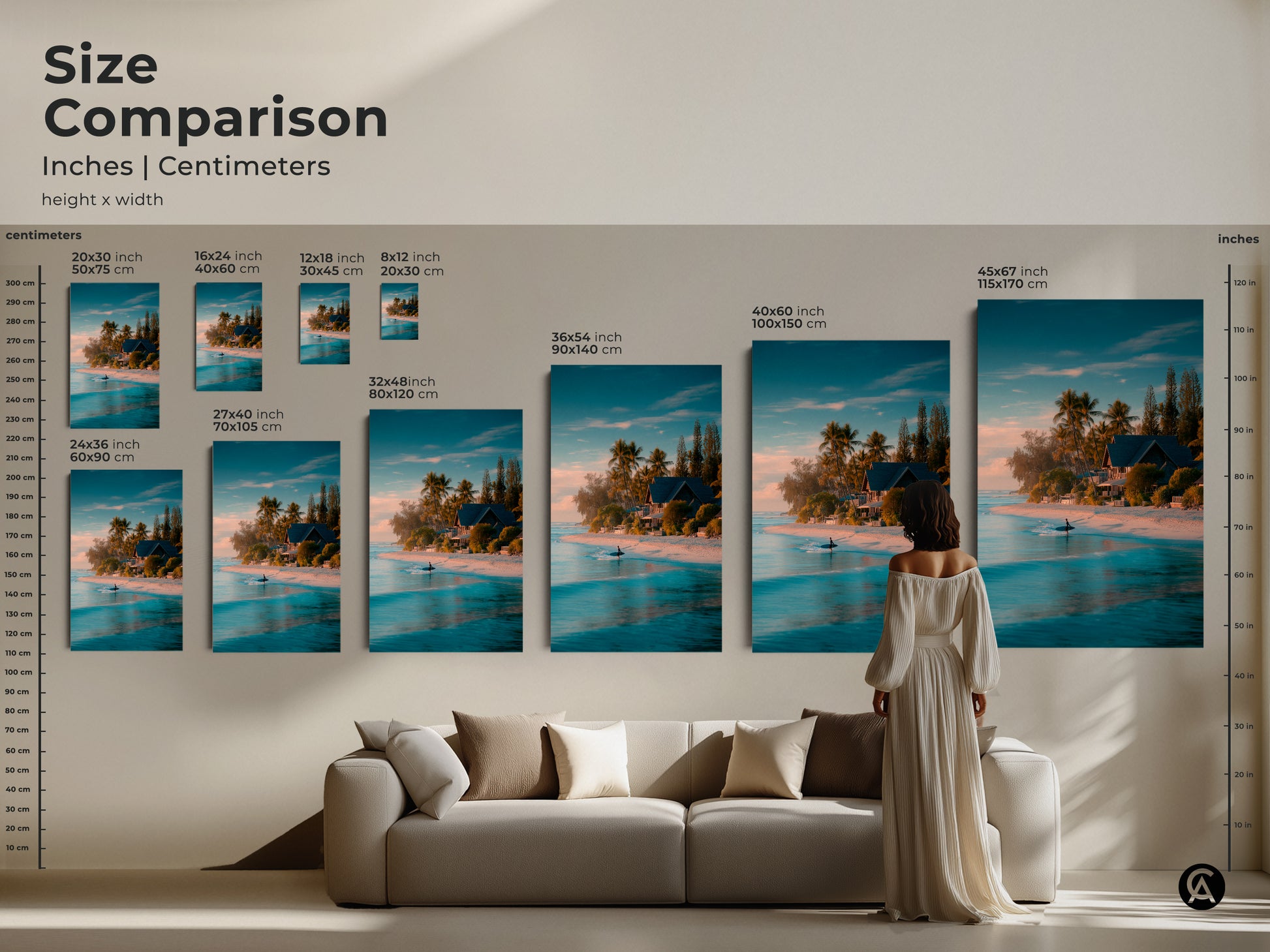 Size comparison for beach art prints in inches and centimeters. See how different sizes of canvas and poster prints fit above a couch. Sizes range from small to large. Includes dimensions like 20x30 inches 40x60 cm and 45x67 inches 115x170 cm. Visualize the perfect size for your wall.