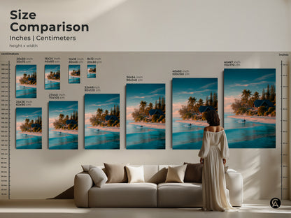 Size comparison for beach art prints in inches and centimeters. See how different sizes of canvas and poster prints fit above a couch. Sizes range from small to large. Includes dimensions like 20x30 inches 40x60 cm and 45x67 inches 115x170 cm. Visualize the perfect size for your wall.