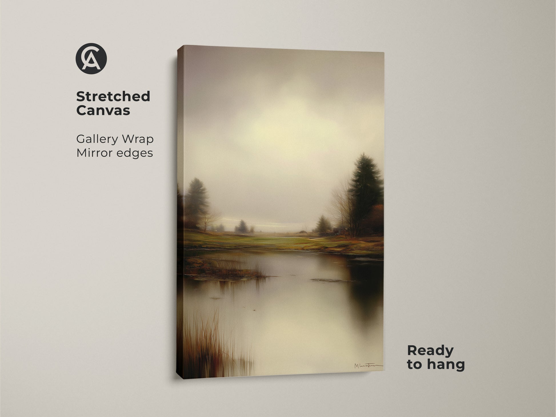 Stretched canvas print shows an impressionistic lake scene. The gallery-wrapped canvas has mirrored edges. The muted colors and peaceful nature scene makes it ready to hang.