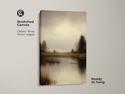 Stretched canvas print shows an impressionistic lake scene. The gallery-wrapped canvas has mirrored edges. The muted colors and peaceful nature scene makes it ready to hang.