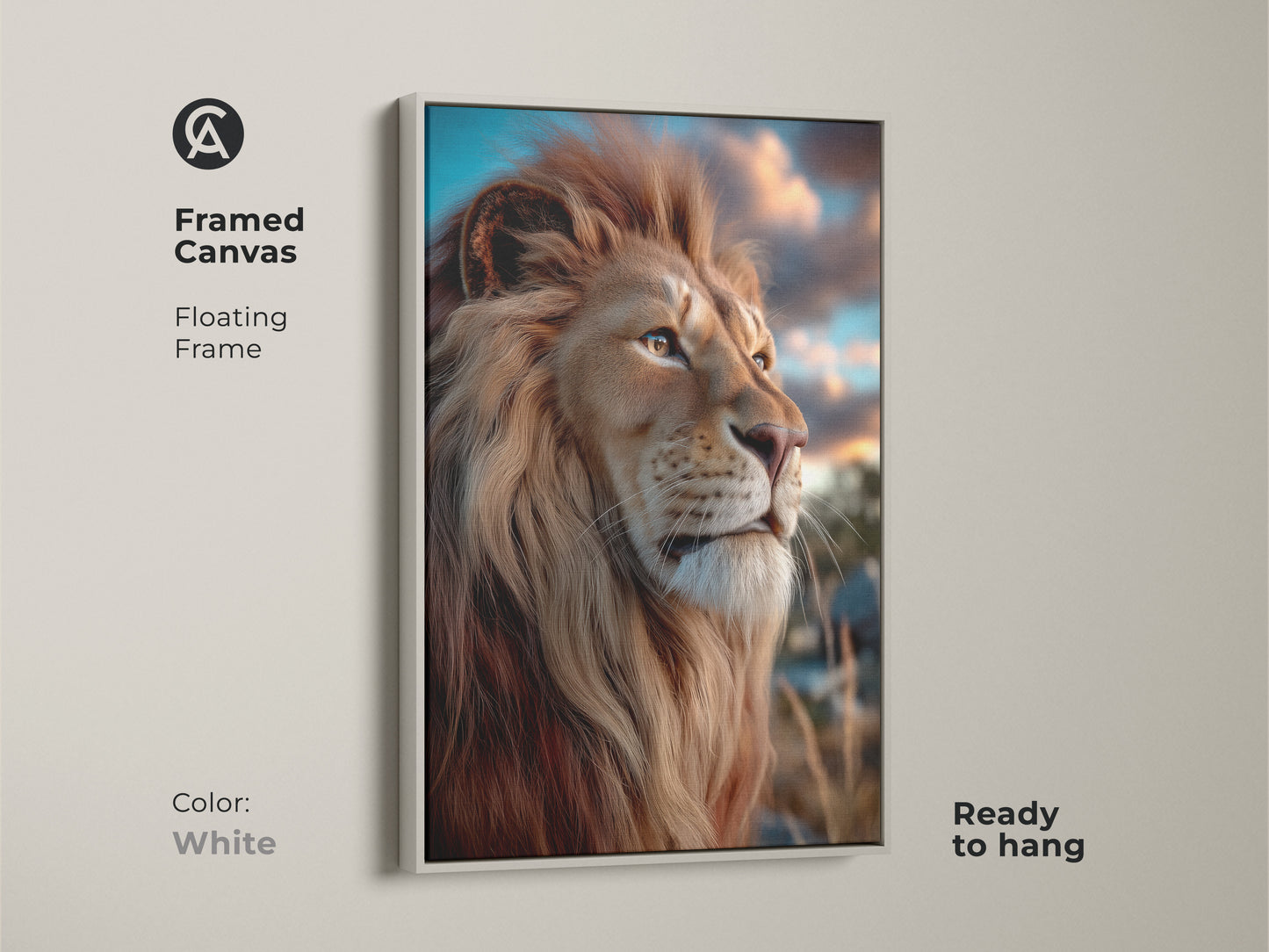 A framed photorealistic golden brown lion canvas print with a white floating frame. This wildlife art is perfect for eclectic bedroom decor. Display the savanna animal artwork to bring nature indoors. A unique lion face wall hanging enhances your home. A ready to hang artwork.
