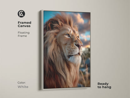 A framed photorealistic golden brown lion canvas print with a white floating frame. This wildlife art is perfect for eclectic bedroom decor. Display the savanna animal artwork to bring nature indoors. A unique lion face wall hanging enhances your home. A ready to hang artwork.