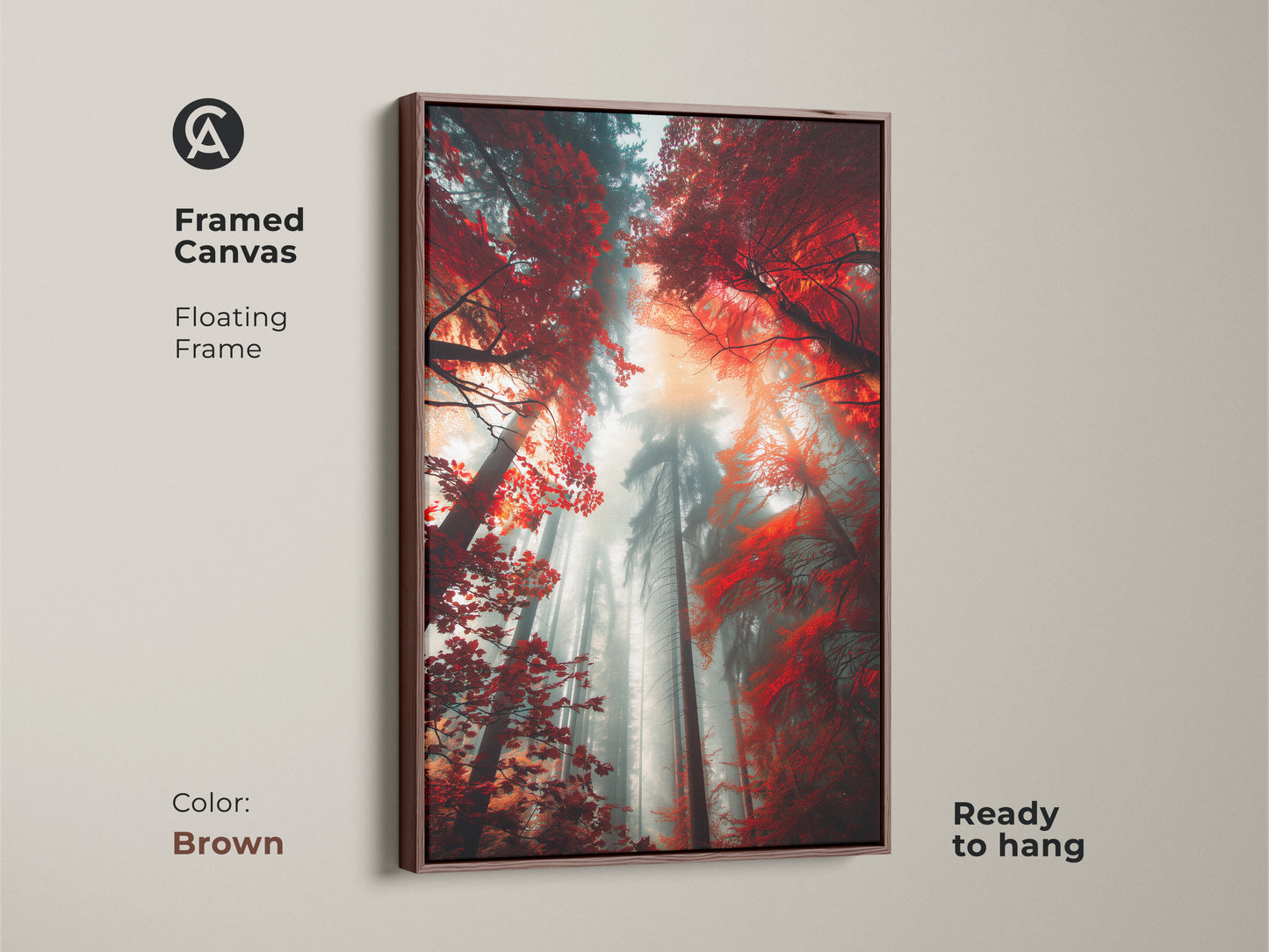 Framed canvas art print with a floating frame. The artwork features a misty forest with vibrant red leaves. The brown frame complements the natural scene. This ready-to-hang canvas is a beautiful addition to your wall decor.