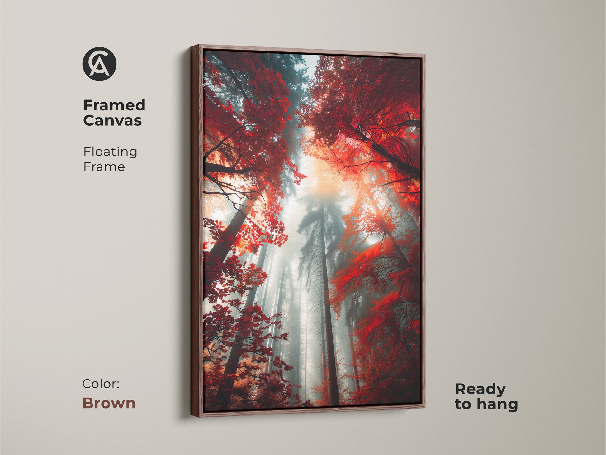 Framed canvas art print with a floating frame. The artwork features a misty forest with vibrant red leaves. The brown frame complements the natural scene. This ready-to-hang canvas is a beautiful addition to your wall decor.