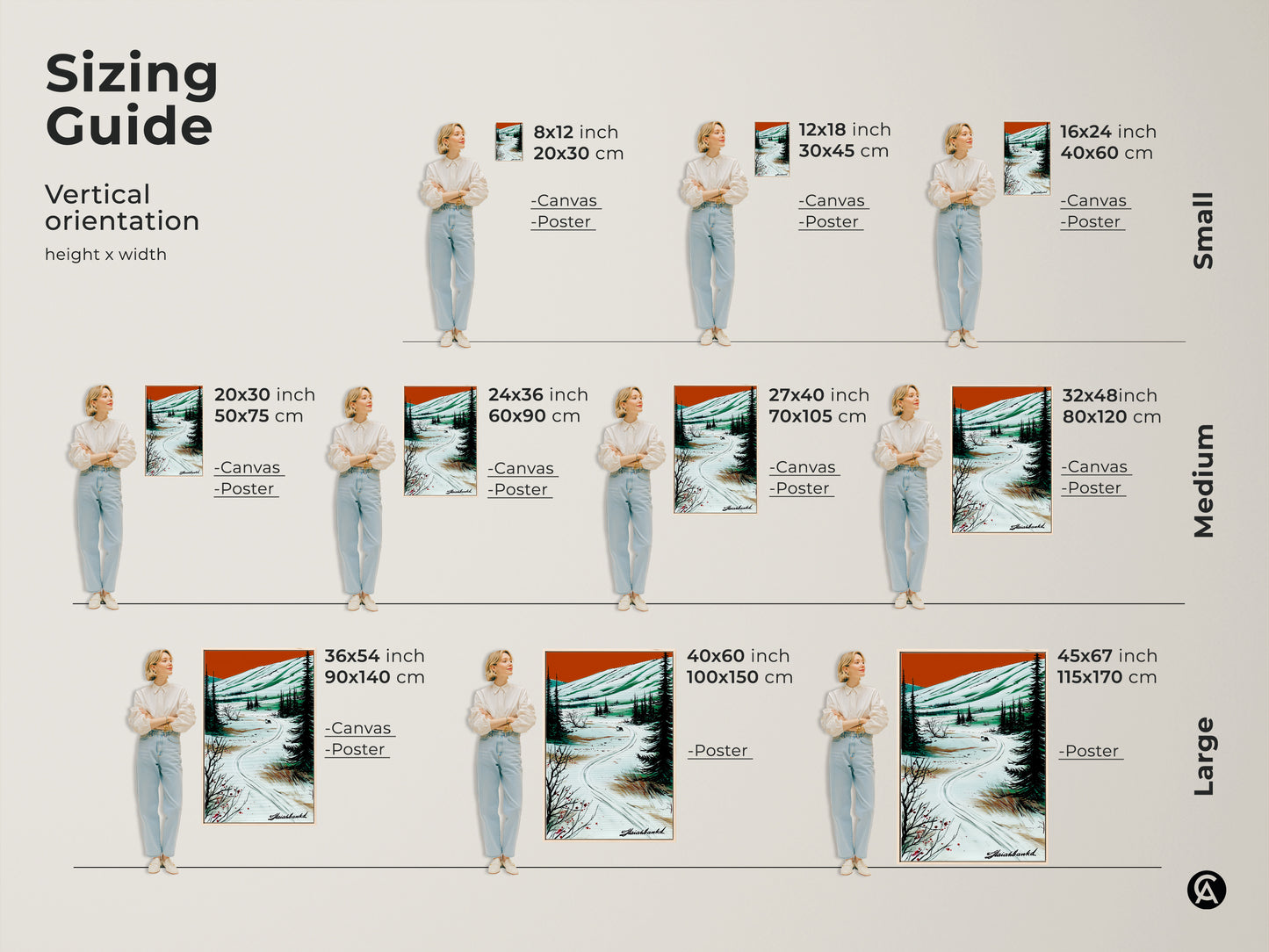 Sizing guide for the vertical winter wolf landscape canvas art. Available in various sizes from small to large canvas and poster options. Find the perfect fit for your cozy home or as a unique gift.