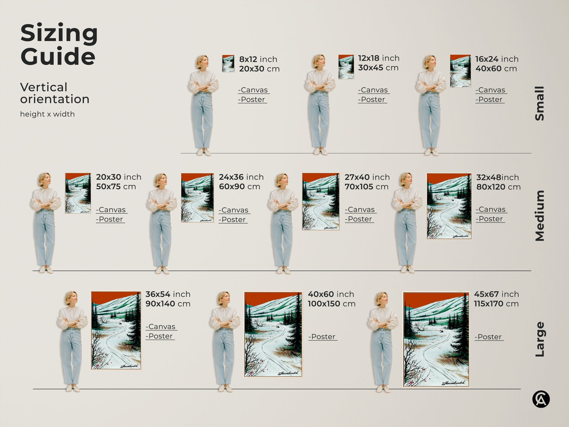 Sizing guide for the vertical winter wolf landscape canvas art. Available in various sizes from small to large canvas and poster options. Find the perfect fit for your cozy home or as a unique gift.