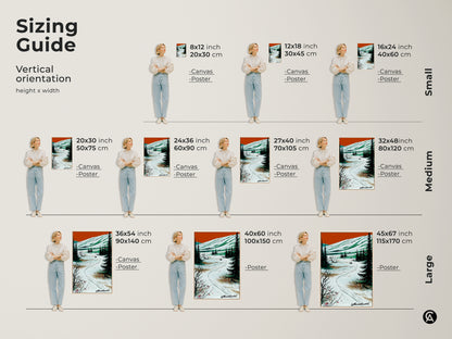 Sizing guide for the vertical winter wolf landscape canvas art. Available in various sizes from small to large canvas and poster options. Find the perfect fit for your cozy home or as a unique gift.