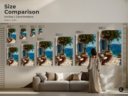 Size comparison of mediterranean lemon tree art prints in inches and centimeters. Visualize how the artwork fits in your space with various sizes. Choose from coastal canvas or posters. Sizes include 20x30 cm to 45x67 inch. The art print showcases a charming scene with a lemon tree azure ocean and sailboats.
