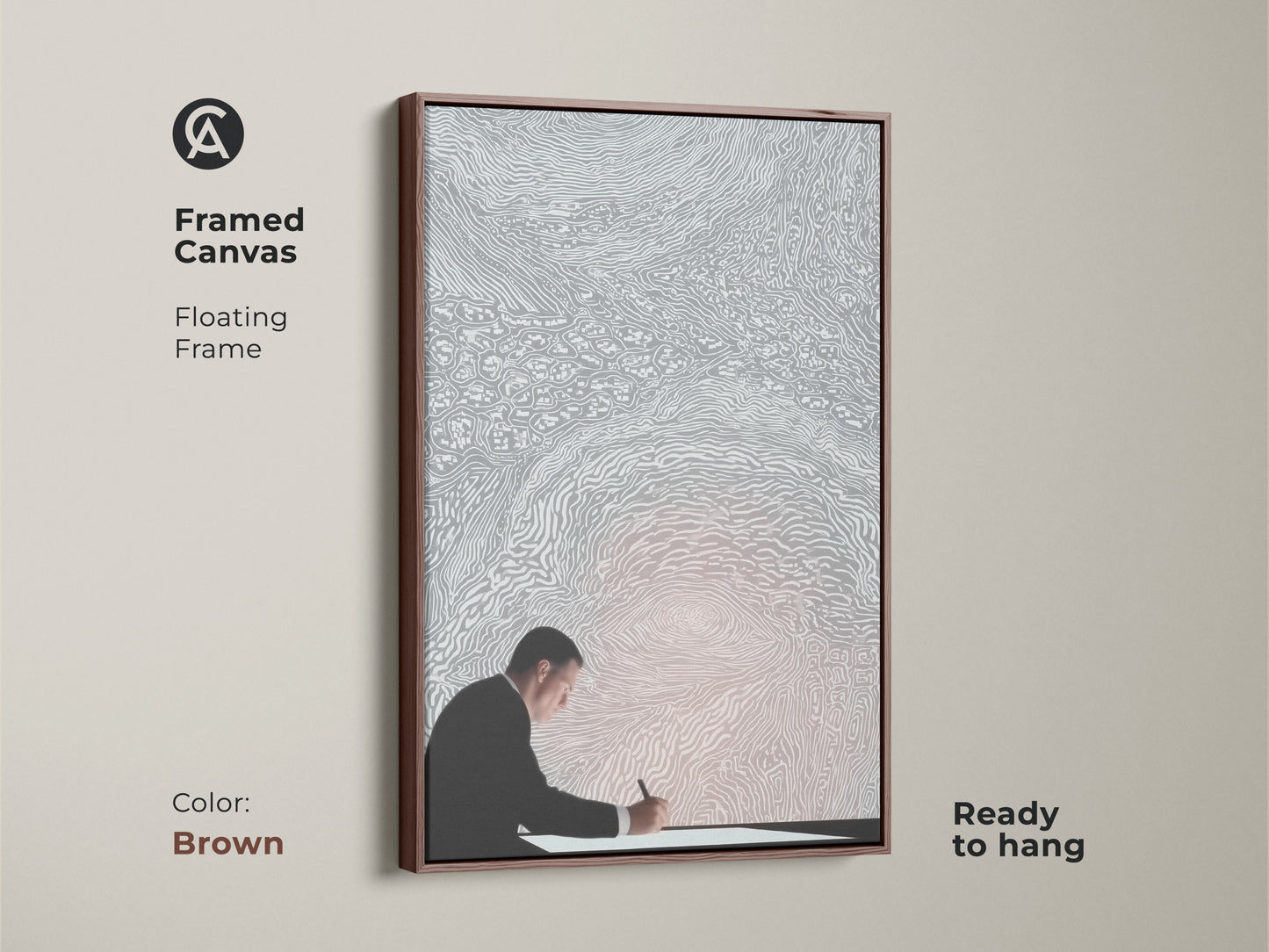 Framed in brown this canvas art features a conceptual artwork of a man writing. Ready to hang this minimalist silver and white decor is perfect for any office. This floating frame art embodies intellectual creativity