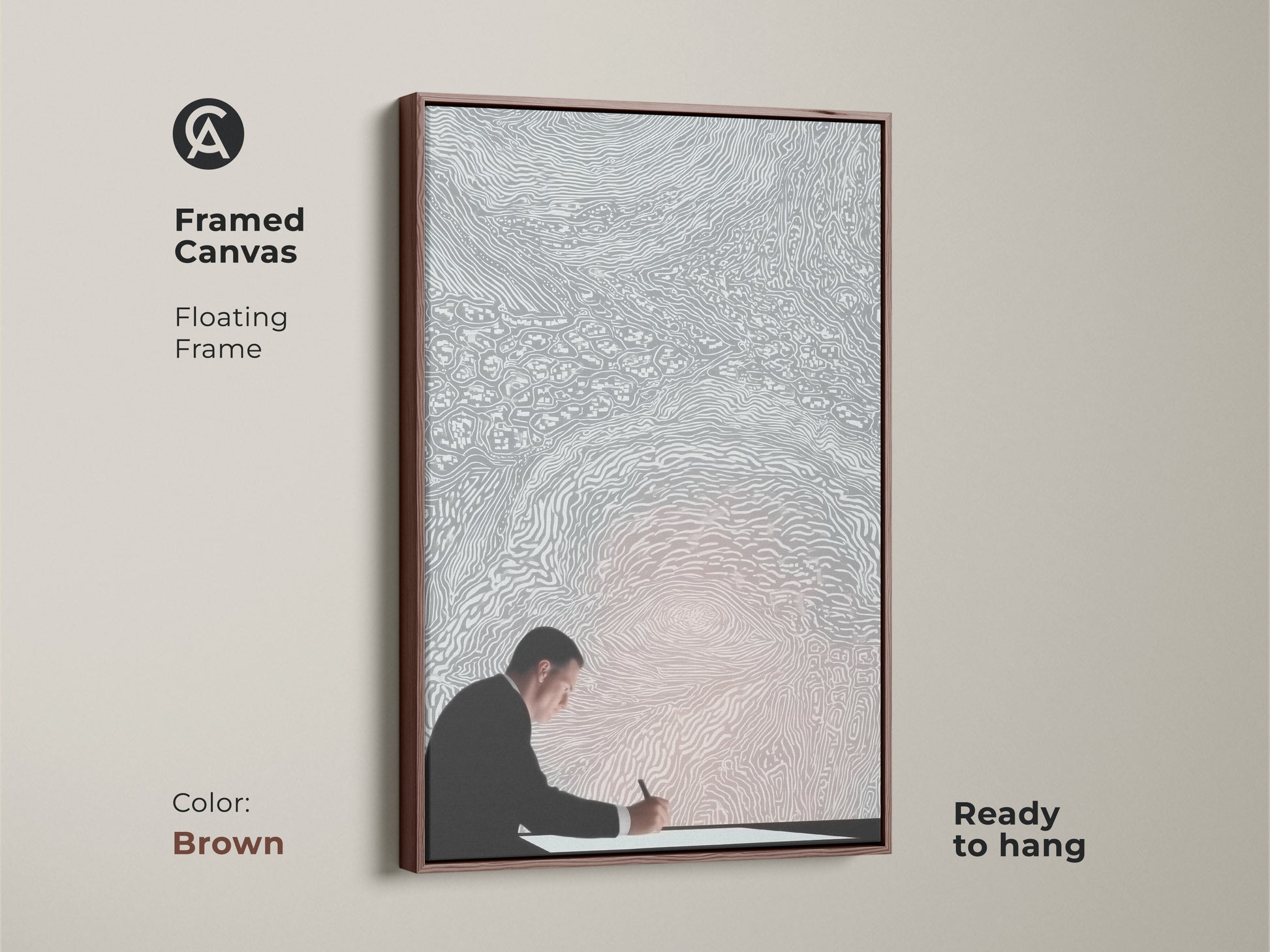 Framed in brown this canvas art features a conceptual artwork of a man writing. Ready to hang this minimalist silver and white decor is perfect for any office. This floating frame art embodies intellectual creativity