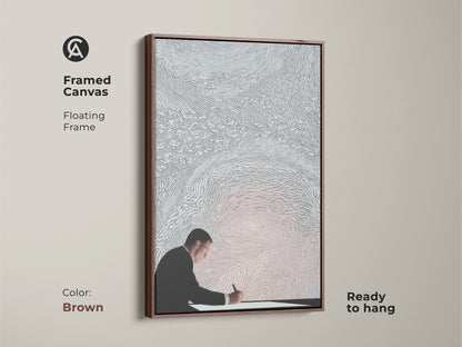 Framed in brown this canvas art features a conceptual artwork of a man writing. Ready to hang this minimalist silver and white decor is perfect for any office. This floating frame art embodies intellectual creativity