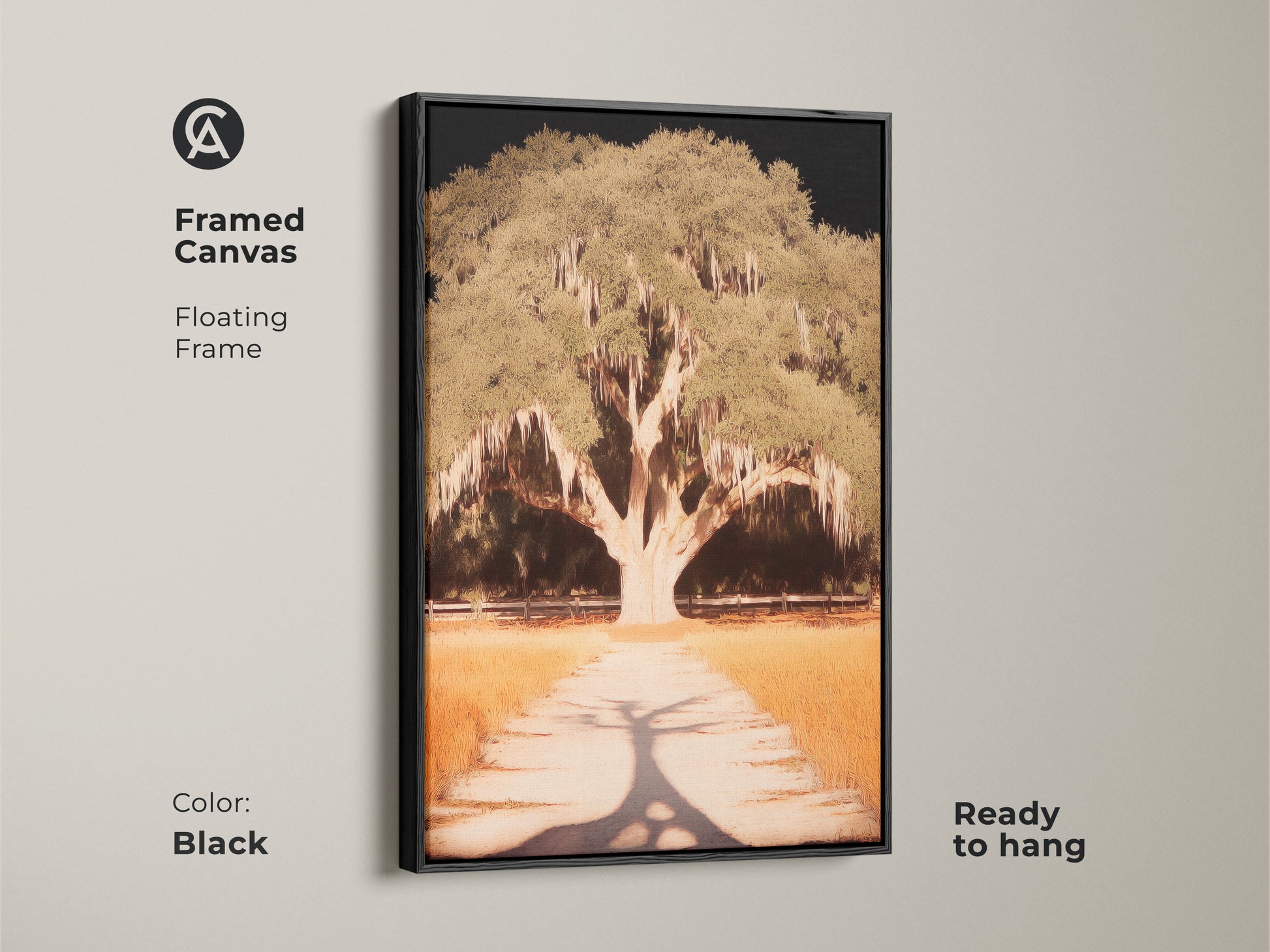 Framed canvas art featuring a large tree over a path. The floating black frame adds sophistication. Ready to hang this artwork brings nature into your home. Perfect wall decor for creating a calming residential ambiance.