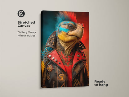 This gallery-wrapped canvas features a punk rock turtle with a mohawk and leather jacket. Ready to hang this eclectic animal print adds a pop of culture to any space. It is ideal for music lovers and rebellious teens. The mirror edges enhance its modern feel making it a striking piece of pop culture artwork. A perfect addition to a man cave.