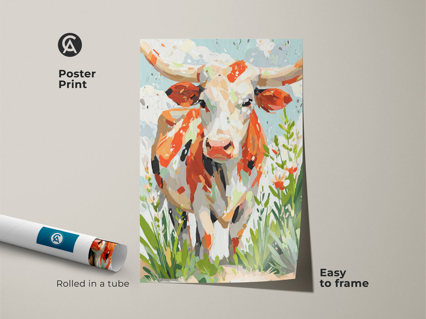 A poster print displays a longhorn cow art piece. The print features a vibrant palette of orange white and cream. Touches of green add a fresh element. This museum-quality art is easy to frame.