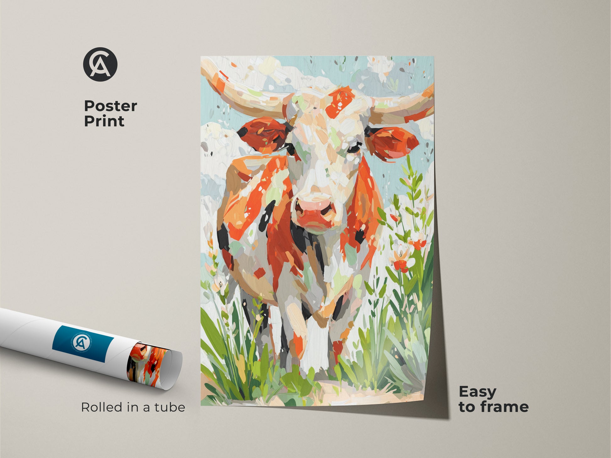 A poster print displays a longhorn cow art piece. The print features a vibrant palette of orange white and cream. Touches of green add a fresh element. This museum-quality art is easy to frame.